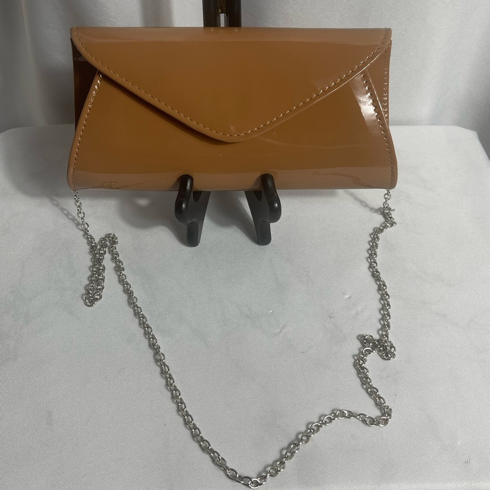 D'margeaux Tan/Camel Clutch with Silver Chain Envelope Purse NWT Faux Leather